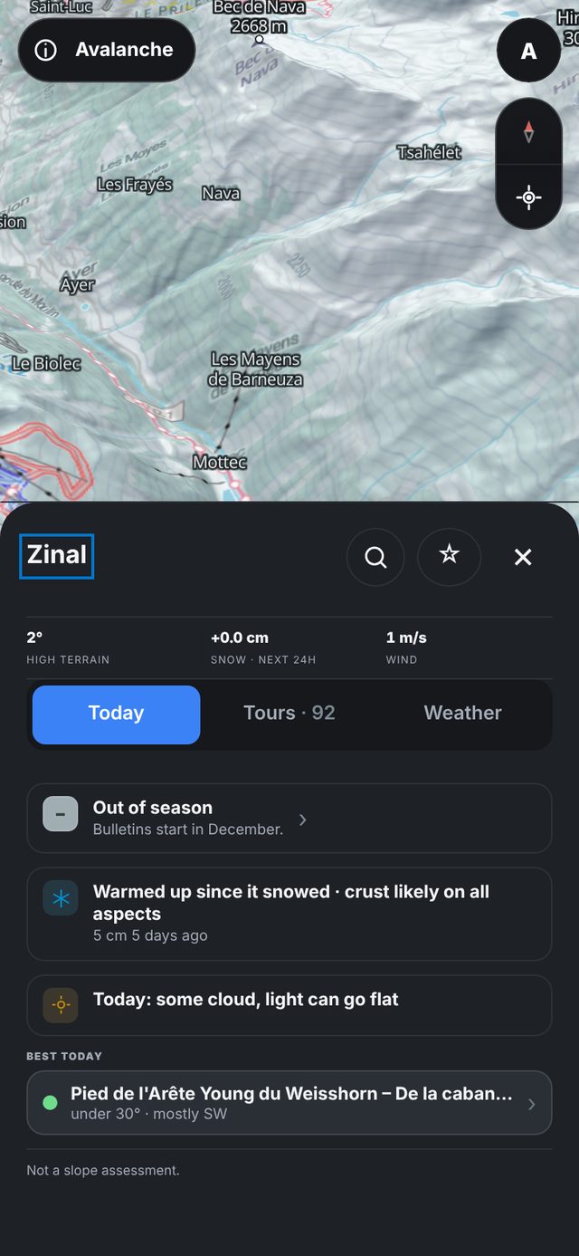 Today tab for Zinal with avalanche bulletin, snow and light
