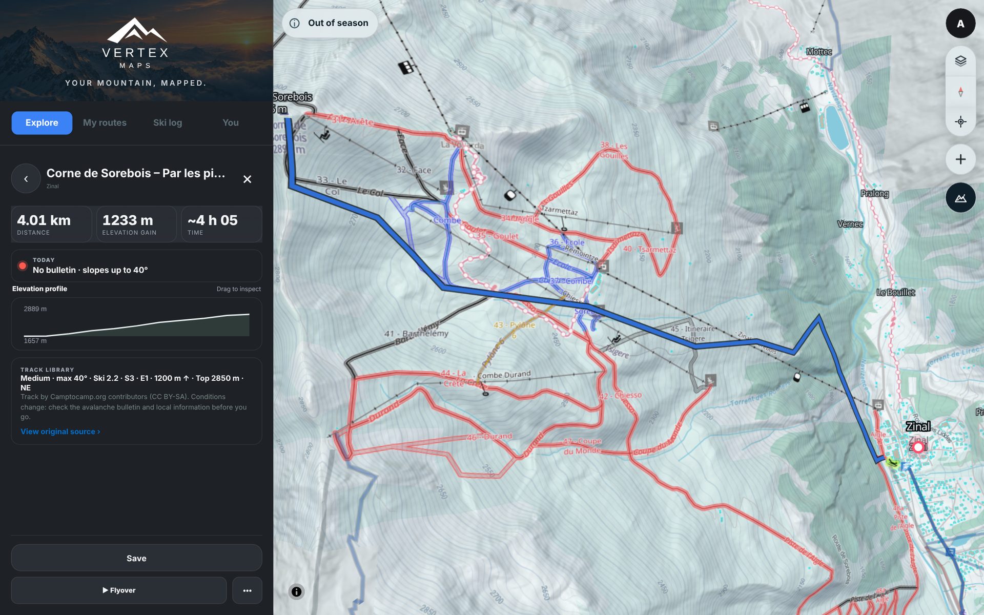 A tour opened on desktop with its elevation profile and the line on the map