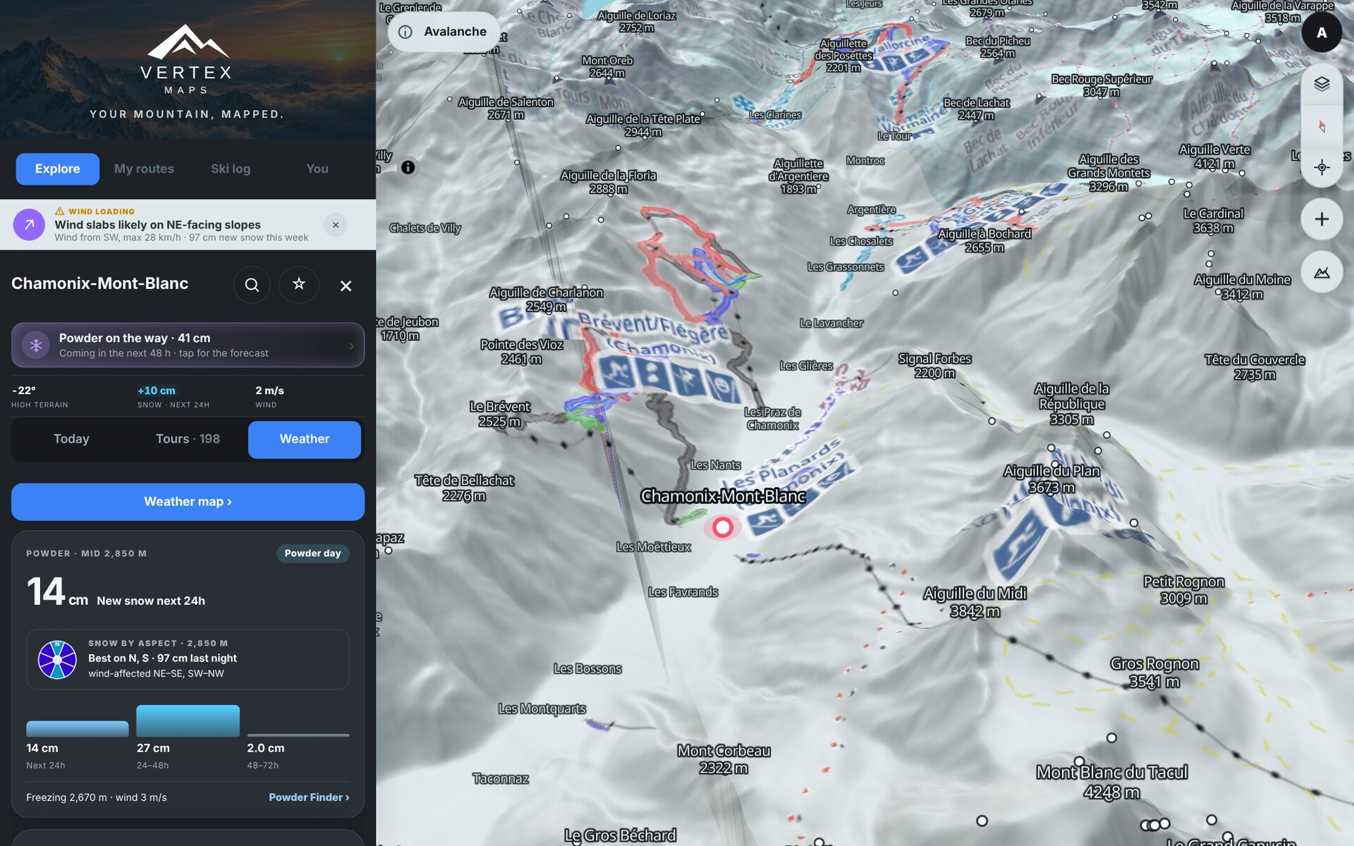 Chamonix on desktop: powder alert with 41 cm on the way, 14 cm in the next 24 hours, snow by aspect and wind slabs likely on north-east facing slopes
