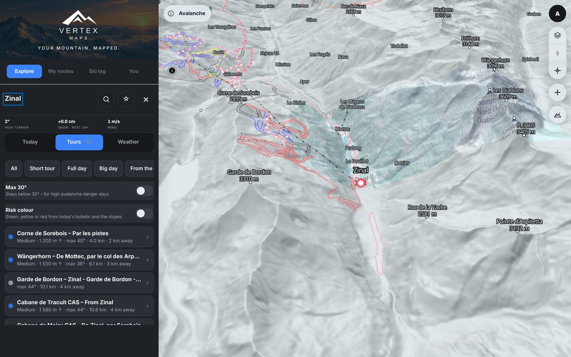 Vertex Maps on desktop: tours around Zinal on the map with the tour list in the side panel