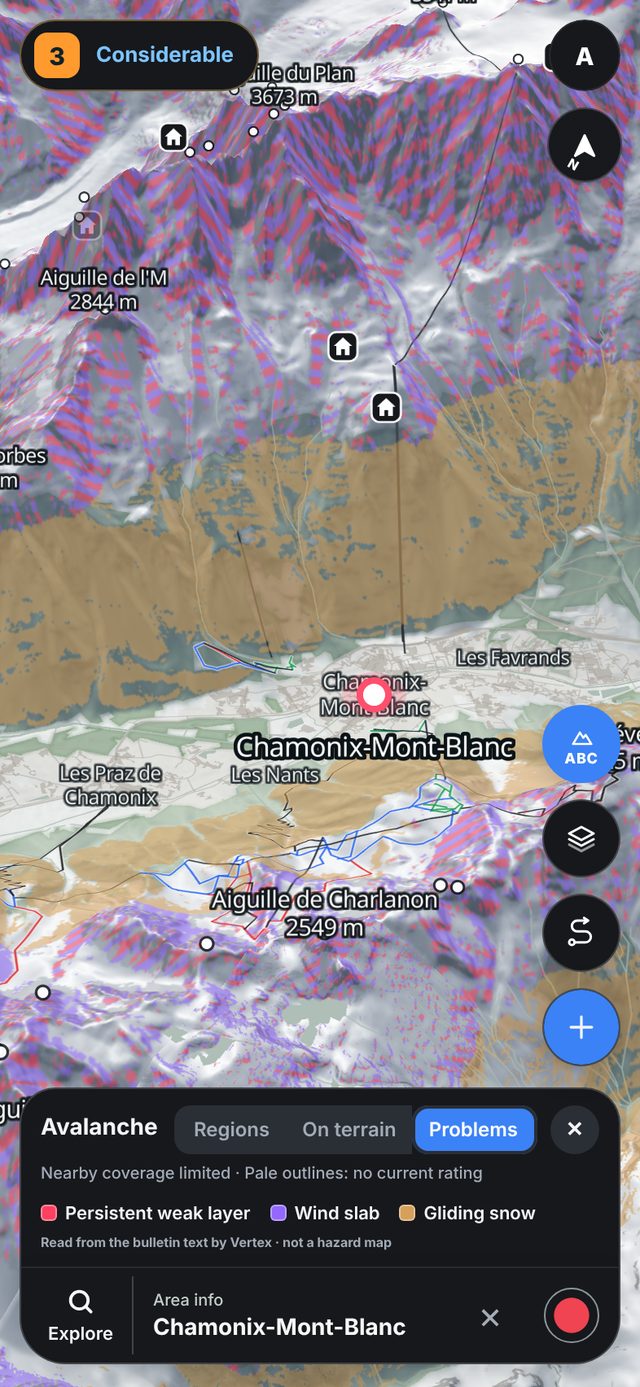 Today's problem layer around Chamonix: persistent weak layers, wind slab and gliding snow on the slopes they apply to