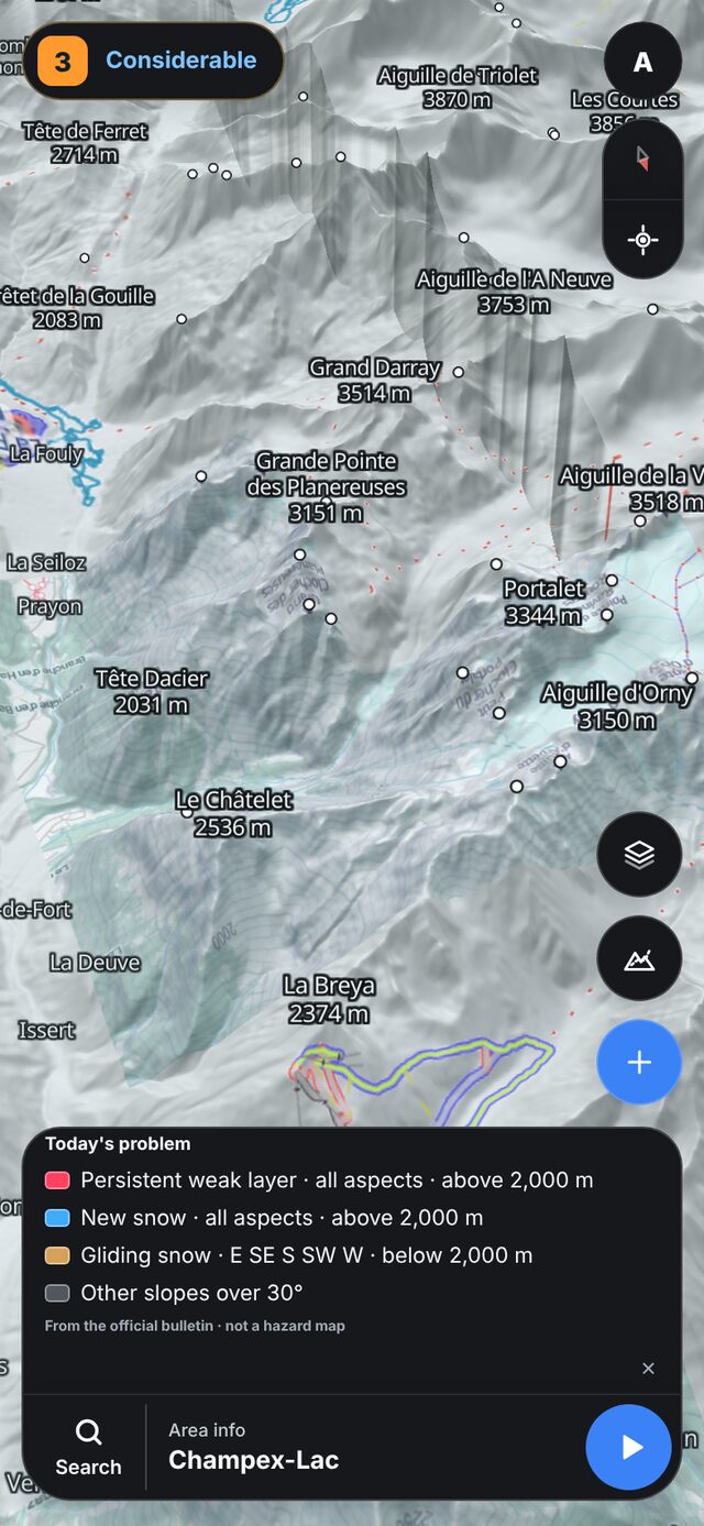 Today's problem layer above Champex: persistent weak layer, new snow and gliding snow on the slopes they apply to