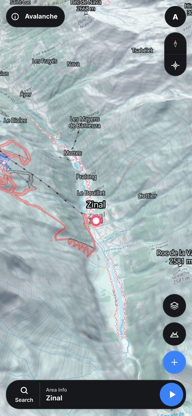 The map around Zinal on the phone with ski tours, lifts and contours