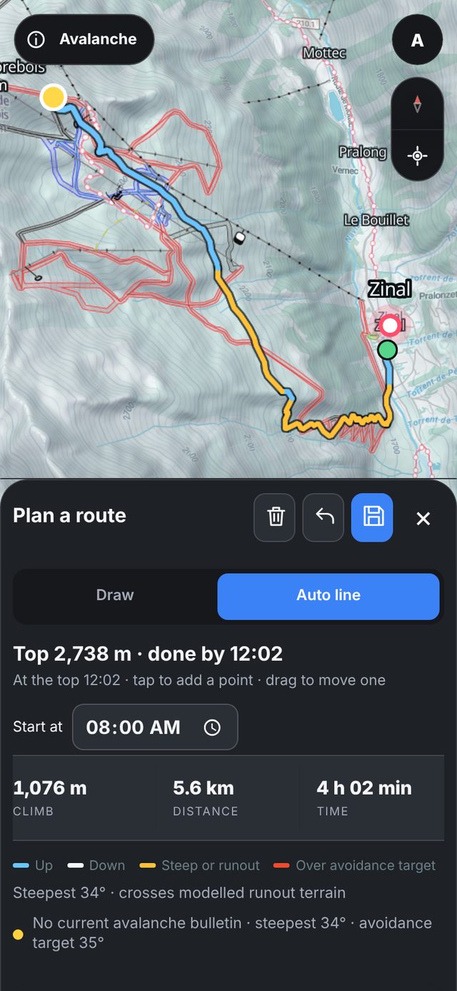 Auto line drawn from Zinal to Corne de Sorebois with climb, descent and time
