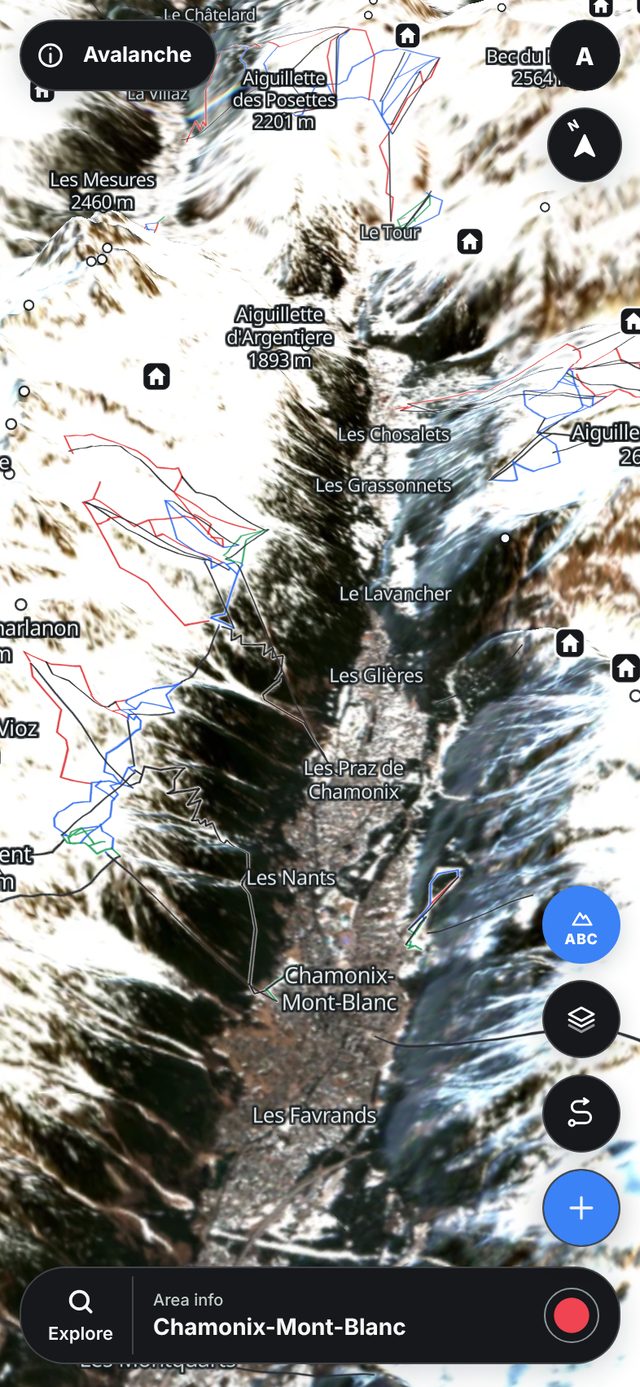 Sentinel-2 snow image of the Chamonix valley: snow on the slopes, bare valley floor and forest