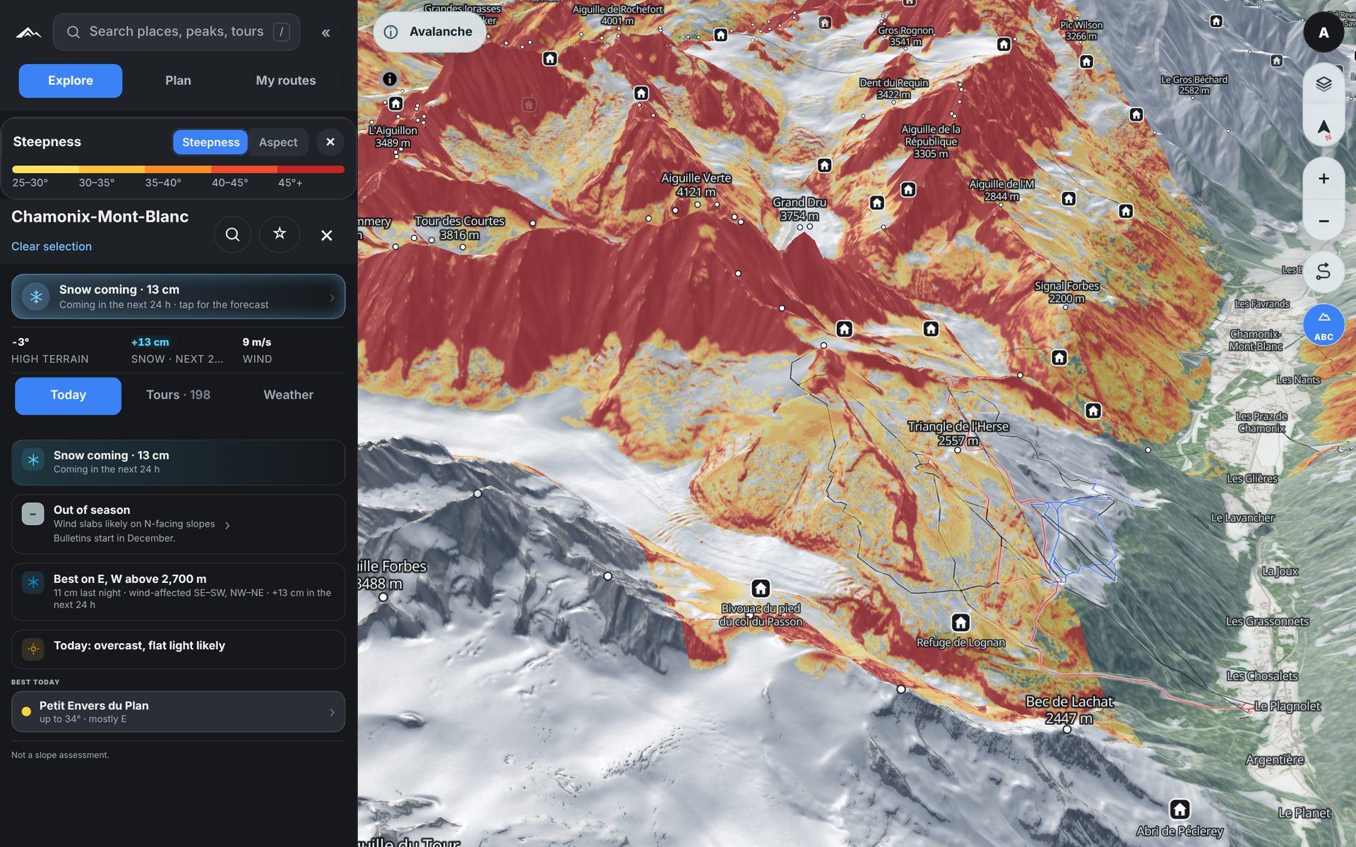 Steepness layer in 3D over the Argentière basin and the Aiguille Verte: 30° slopes yellow, 35° orange, 40° and steeper red