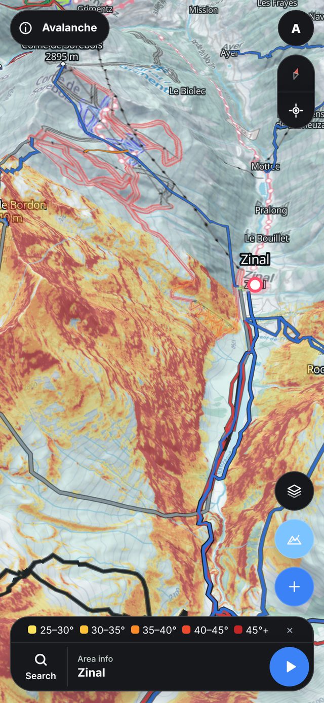 Steepness layer around Zinal with tours drawn on top