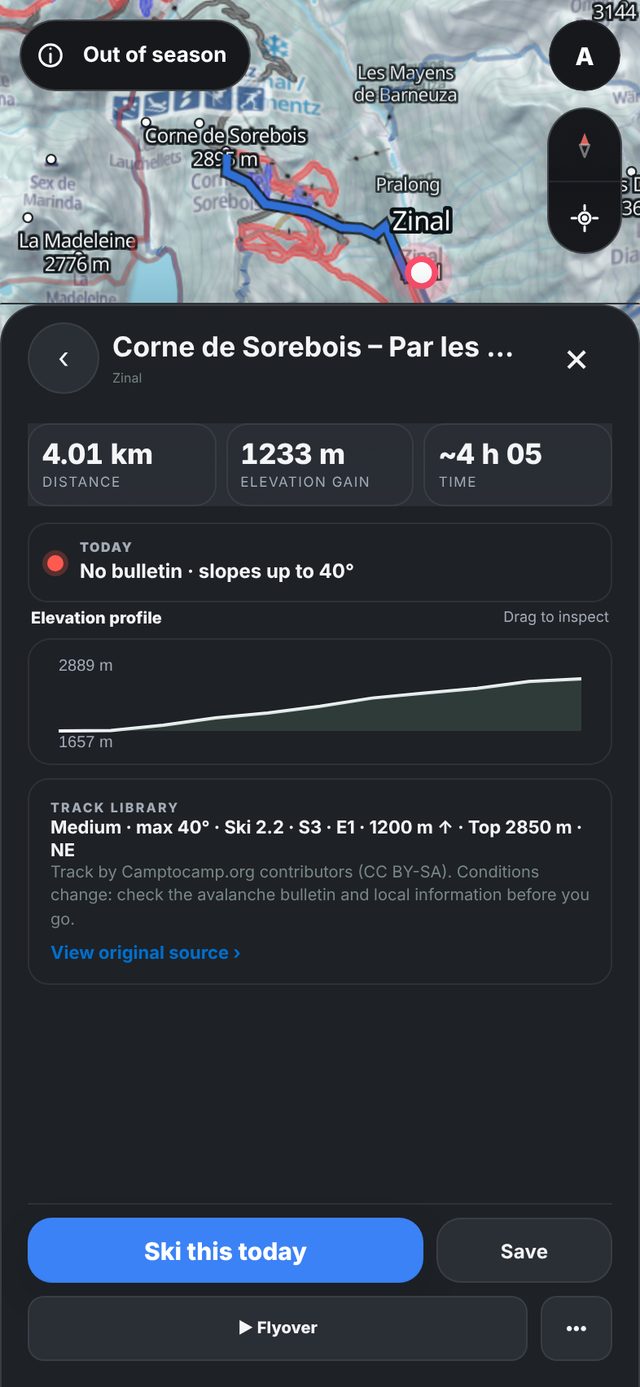 A tour card with distance, climb, time and elevation profile