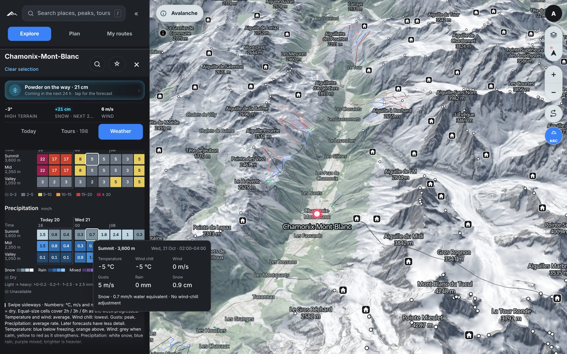 Chamonix weather on desktop: seven-day heatmaps for wind and precipitation at summit, mid and valley, with the details for one hour of snow at the summit